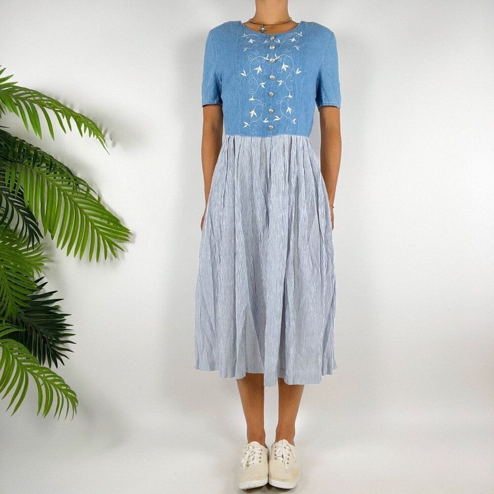 Women's Blue Denim Cottagecore Short Sleeve Grandmacore Prairie Maxi Dress / 6